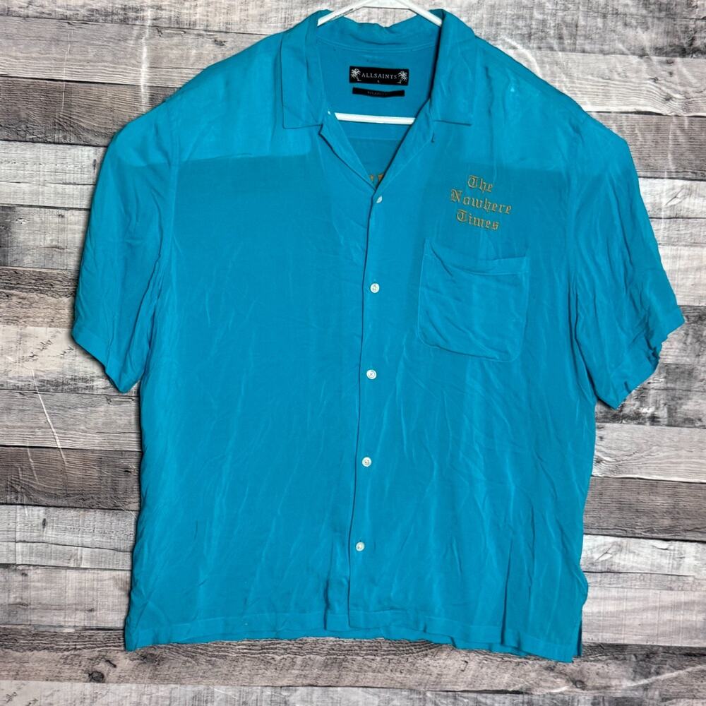 All Saints Nowhere Time Oblivion Shirt Mens Large Blue Camp Button Up